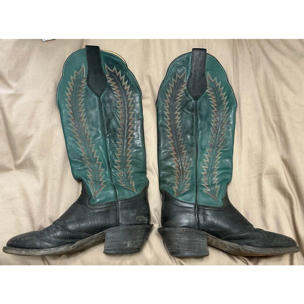 SPUR Men’s Cowboy Boots Size 8.5 D Green & Black Genuine Leather W/Embroidery